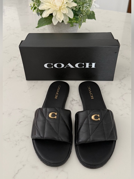 Coach Shoes - Coach Black Quilted Leather Slide Sandals with Gold Hardware